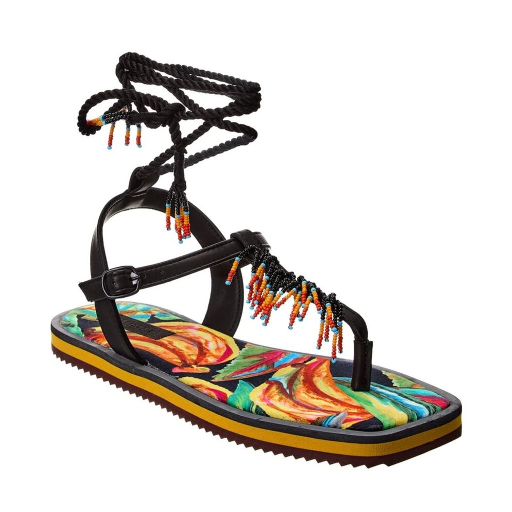 Farm Rio Women's Beaded Flat Black Sandal Sz 8